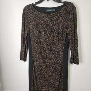 LAUREN RALPH LAUREN Midi Dress Women Size 12 Animal Print Ruched Stretch Lined